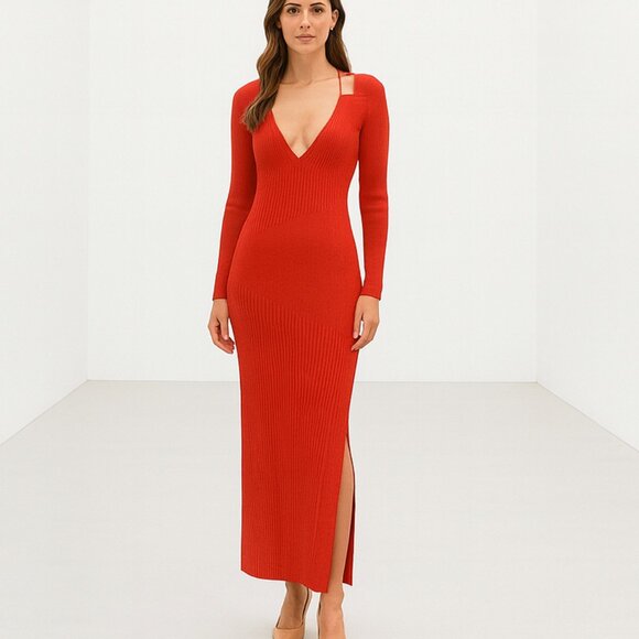 Nicholas Althea Red Rib Knit Halter Long Sleeve Slit Maxi Dress XS NWOT - Picture 9 of 9
